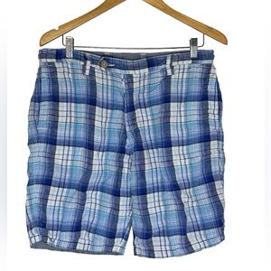 Tommy Bahama 100% Linen Reversible Shorts Blue Plaid 32